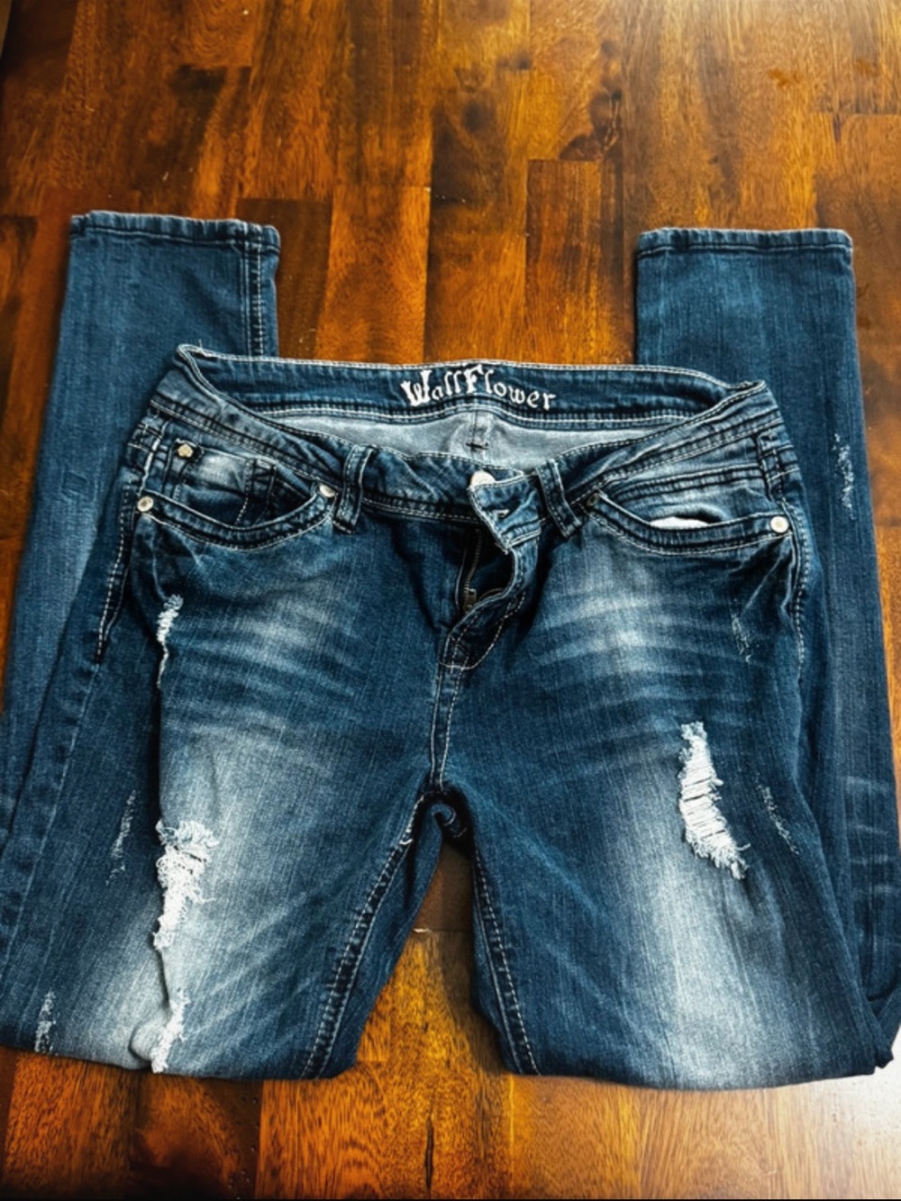 Wallflower Women's Dark Blue Distressed Skinny Jeans